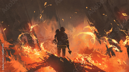 firefighter holding girl standing in burning buildings, digital art style, illus Tableau sur Toile