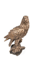 Bronze Statuette Sitting On A Branch Of An Eagle And Looking At Camera Isolated On White Background