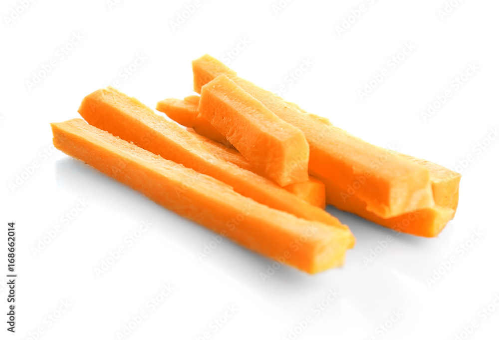 Heap of fresh carrot slices on white background