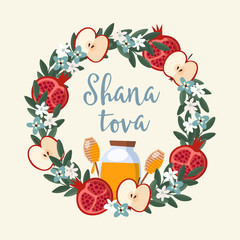 Wall Mural - shana tova greeting card, invitation for jewish new year rosh hashanah. floral wreath made of pomegr