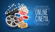 Online cinema art movie watching with popcorn, 3d glasses