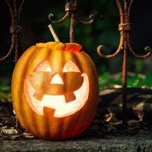 Halloween Jack-o-lantern On Autumn Leaves