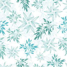 Vector Teal Tropical Leaves Summer Seamless Pattern With Tropical Green, Blue Plants And Leaves On White Background. Great For Vacation Themed Fabric, Wallpaper, Packaging.