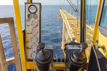 Crane Cabin Control To Lift Or Move Things On Production Platform, Energy And Petroleum Industry Sea Off Shore.