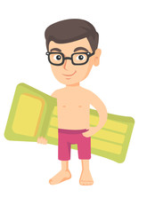 Poster - Little happy caucasian boy in shorts holding green inflatable mattress. Smiling boy in glasses with inflatable mattress for swimming. Vector sketch cartoon illustration isolated on white background.