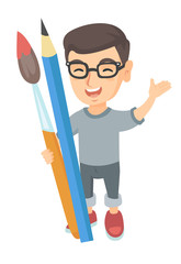 Sticker - Smiling caucasian boy in glasses holding big pencil and paintbrush. Full length of happy laughing boy with huge pencil and paintbrush. Vector sketch cartoon illustration isolated on white background.