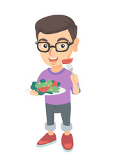 Sticker - Little caucasian boy in glasses holding fork with tomato and plate with salad. Full length of cheerful boy eating vegetable salad. Vector sketch cartoon illustration isolated on white background.