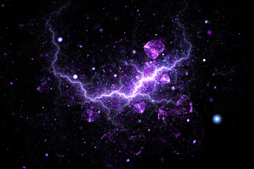 Bright galaxy. Abstract shining hearts and sparks on black background. Fantastic fractal texture in purple and blue colors. Digital art. 3D rendering.