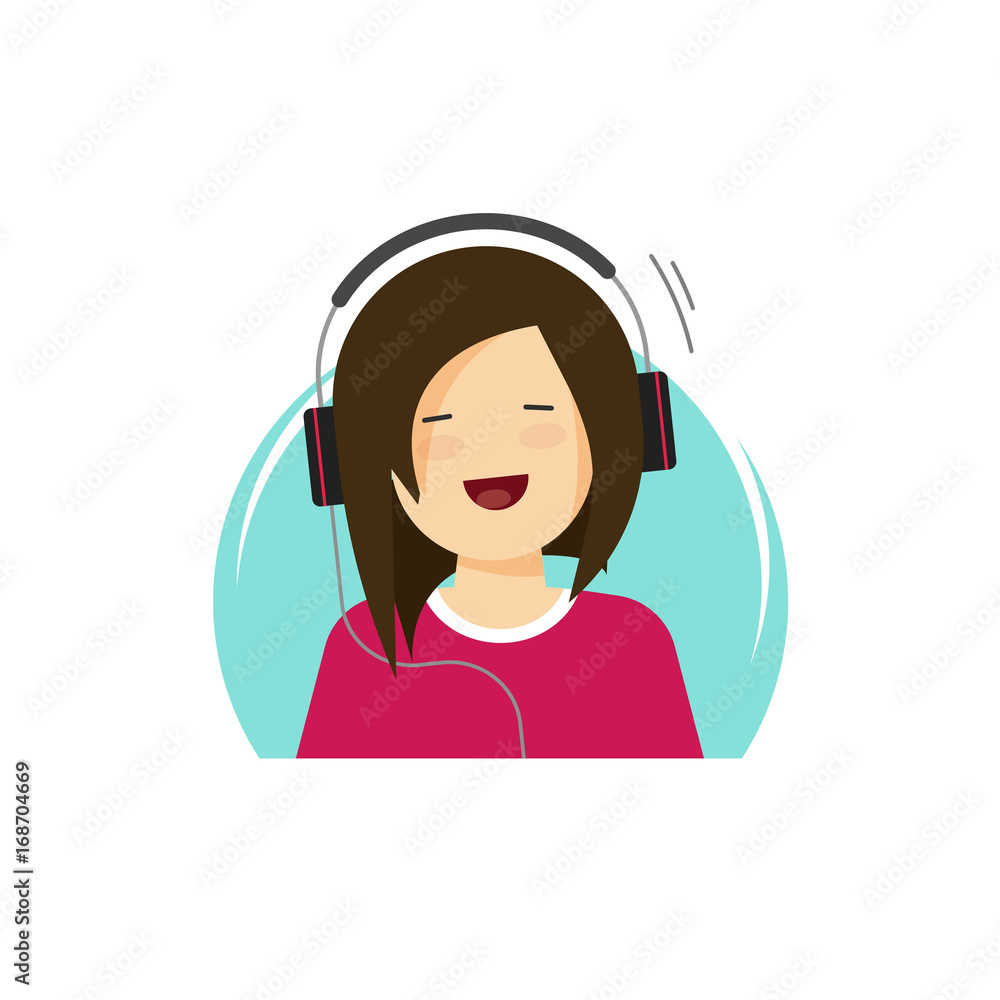 Girl in headphones listening music and smiling vector illustration, flat  cartoon young happy woman in earphones relaxing clipart Stock Vector |  Adobe Stock, image size:1000x1000