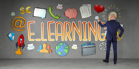 Wall Mural - Businessman drawing e-learning sketch on a wall 3D rendering