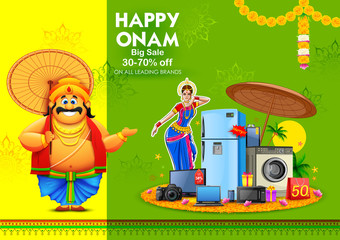 Sticker - King Mahabali on advertisement and promotion background for Happy Onam festival of South India Kerala