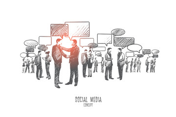 Social media concept. Hand drawn group of people communicate through internet. Diversity people connected with the help of digital devices isolated vector illustration.