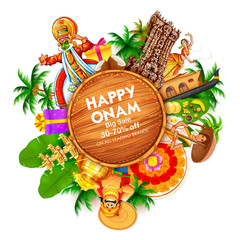 Sticker - Advertisement and promotion background for Happy Onam festival of South India Kerala