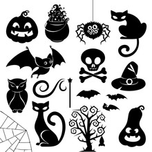 Halloween Black Silhouette Icons Set Vector.