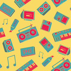 Seamless pattern with old school things. background with synthesizers, tape recorder, phone and other elements.
