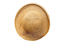 Pretty Straw Hat With Bow On White Background. Beach Hat Top View Isolated