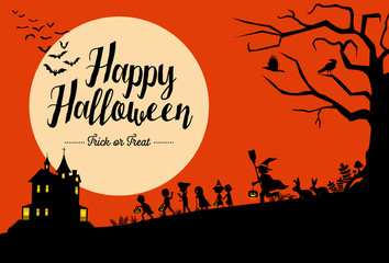 Wall Mural - Halloween background, Silhouette of children going trick or treating, Vector Illustration