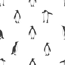 Seamless Penguins Pattern. Black And White Vector Background.