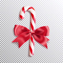 Realistic Christmas Candy Cane With Red Satin Bow Knot. Vector Illustration Icon Isolated.