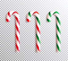 Set Of Realistic Christmas Candy Cane. Vector Illustration Icon Isolated.