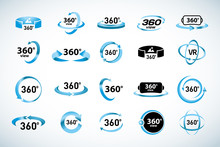 360 Degrees View Vector Icons Set. Virtual Reality Icons. Isolated Vector Illustrations. Blue Color Version.