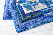 Decoration, Comfort, Passion, Fondness, Stitching, Patchwork Concept - Two Dark Blue Quilt Neatly Maded Of Different Patches With Interesting Floral Pattern And Almost Invisible Stitches