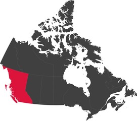 Wall Mural - Map of Canada split into individual provinces. Highlighted province of British Columbia.