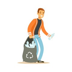 Poster - Smiling man gathering garbage and plastic bottles, waste recycling and utilization concept vector Illustration