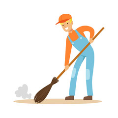 Canvas Print - Smiling street sweeper at work, street cleaner character vector Illustration