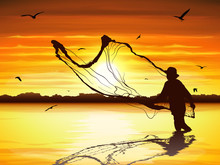 Silhouette Of Man Catching The Fish In Twilight.