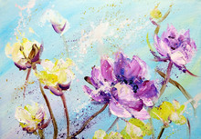 Hand Painted Modern Style Purple And Yellow Flowers. Spring Flower Seasonal Nature Background. Oil Painting Floral Texture