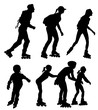 Roller skating people in park, rollerblading vector silhouette isolated on white background. In-line skating. Skater boy and girl riding wheels.