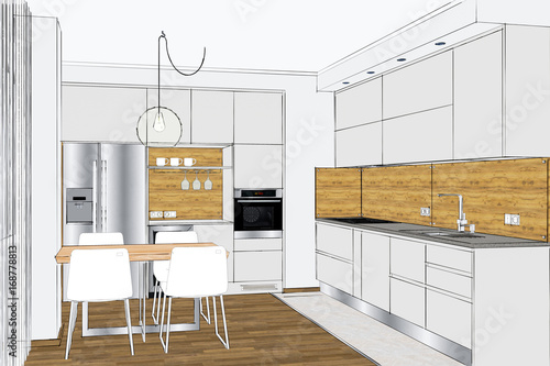 3d Illustration Modern Creative Kitchen Design In Light Interior