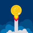 © Sunflower - Euro coin rocket starting. Startup success, fast growing income. Business finance and economy concept. Cartoon vector illustration isolated on blue background