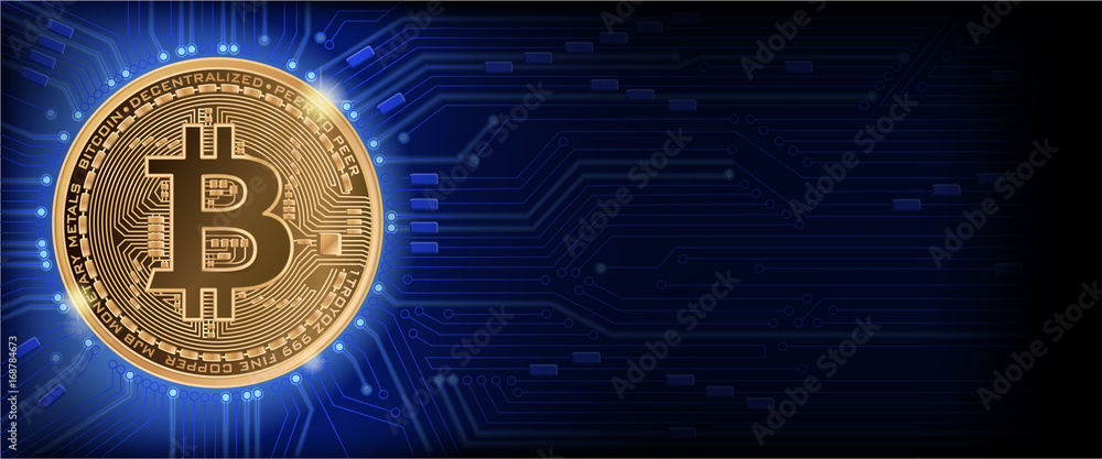 Horizontal web banner with golden bitcoin and dark blue background with  microchip and place for your text. Stock vector illustration. Stock Vector  | Adobe Stock