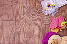 Children's Toy, Bandage And Teddy Bear On A Wooden Background Close-up