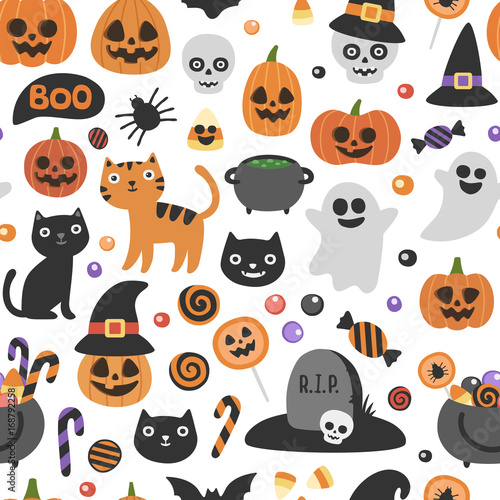 Vector cute seamless Halloween pattern. Smiling and funny cartoon