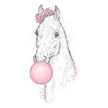 A Beautiful Horse With A Bow Puffs Up The Chewing Gum. Vector Illustration For A Postcard Or A Poster, Print For Clothes. Fashion & Style.