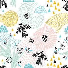 Poster - Seamless floral pattern with birds