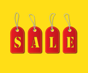 Wall Mural - Red tags with Sale word on yellow background. Vector illustration.