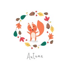 Cute Illustration. Cartoon Squirrel In The Autumn Wreath.
