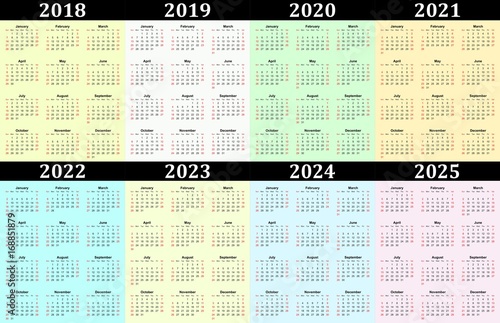 Eight Year Vector Calendar 2018 2019 2020 2021 2022 2023 2024