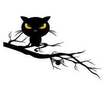 Halloween Theme Spooky Black Cat And Spider On A Tree Branch - Monster Vector Design