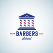 Barbers School Abstract Vector Sign, Emblem or Logo Template. Education Building with Columns out of Poles and Scissors on the Roof. Retro Typography.