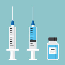 Empty Syringe For Injection, Syringe With Blue Vaccine, Vial Of Medicine. Vector Illustration