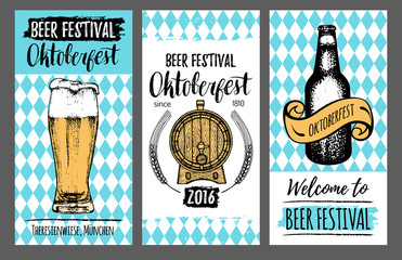 Wall Mural - Oktoberfest flyers. Beer festival cards with hand sketched glass, barrel, bottle. Vector brewery posters. Wiesn symbols.