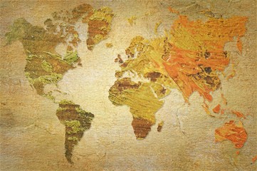  World map made with artistic oil colors on fabric background. Elements of this image furnished by NASA.