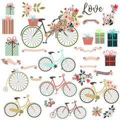Wall Mural - Big cute collection of save the date elements or valentine with bicycle and flowers