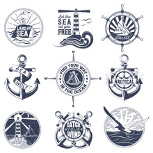 Vector Set Of Badges With A General Theme Of The Sea With The Image Of A Wash, Gulls, Steering Wheel, Anchors For Your Design, Printing, Print On The T-shirt And The Internet.