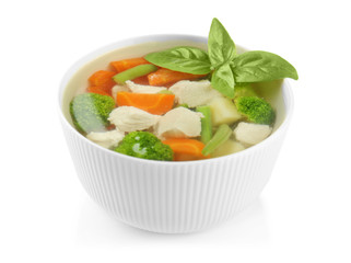 Sticker - Bowl with delicious turkey soup on white background